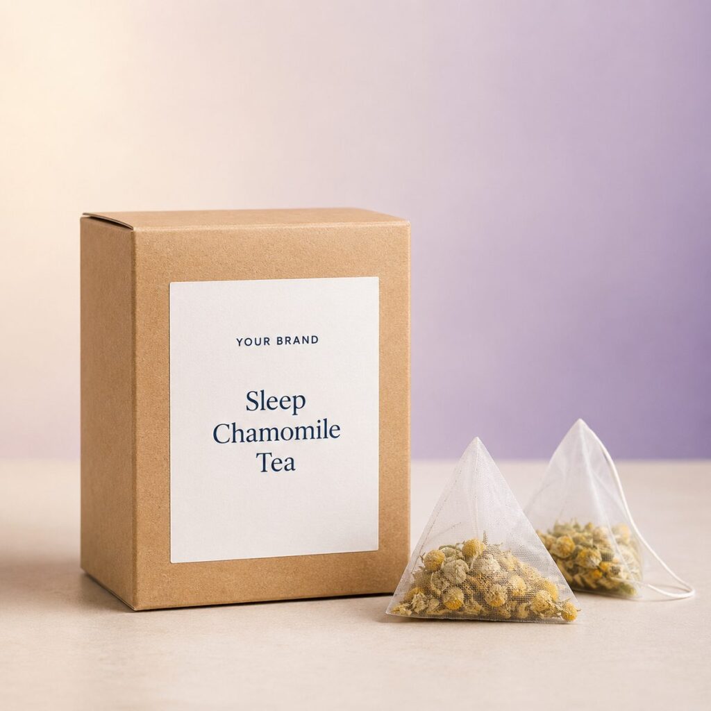 Private label sleep chamomile blend product mockup, OEM Malaysia