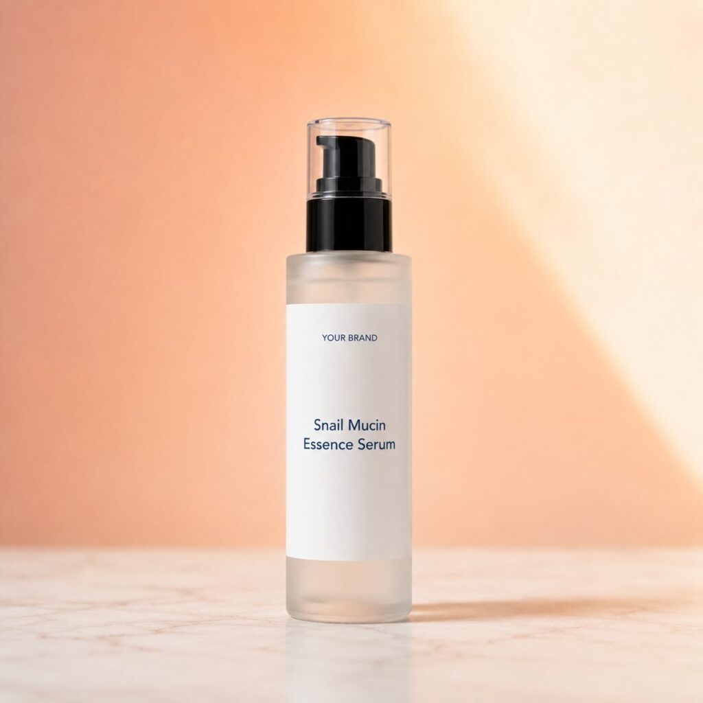 Private label snail mucin essence serum product mockup, OEM Malaysia