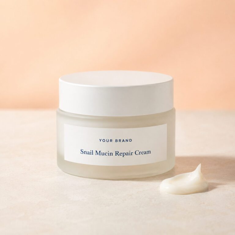 Private label snail mucin repair cream product mockup, OEM Malaysia