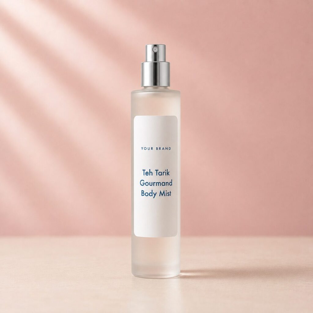Private label teh tarik gourmand body mist product mockup, OEM Malaysia