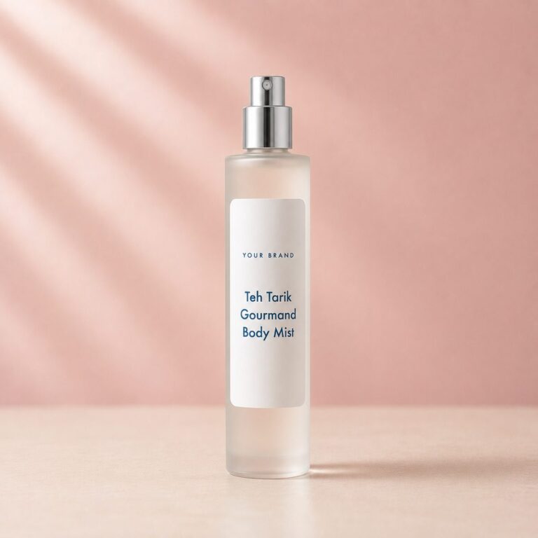 Private label teh tarik gourmand body mist product mockup, OEM Malaysia