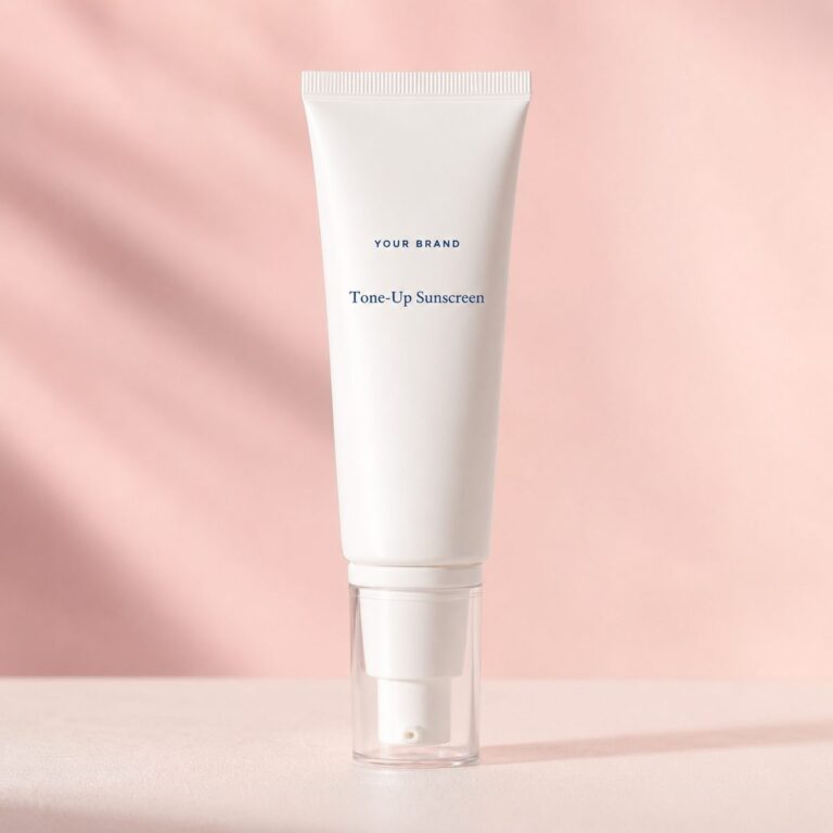 Private label tone up sunscreen no white cast product mockup, OEM Malaysia