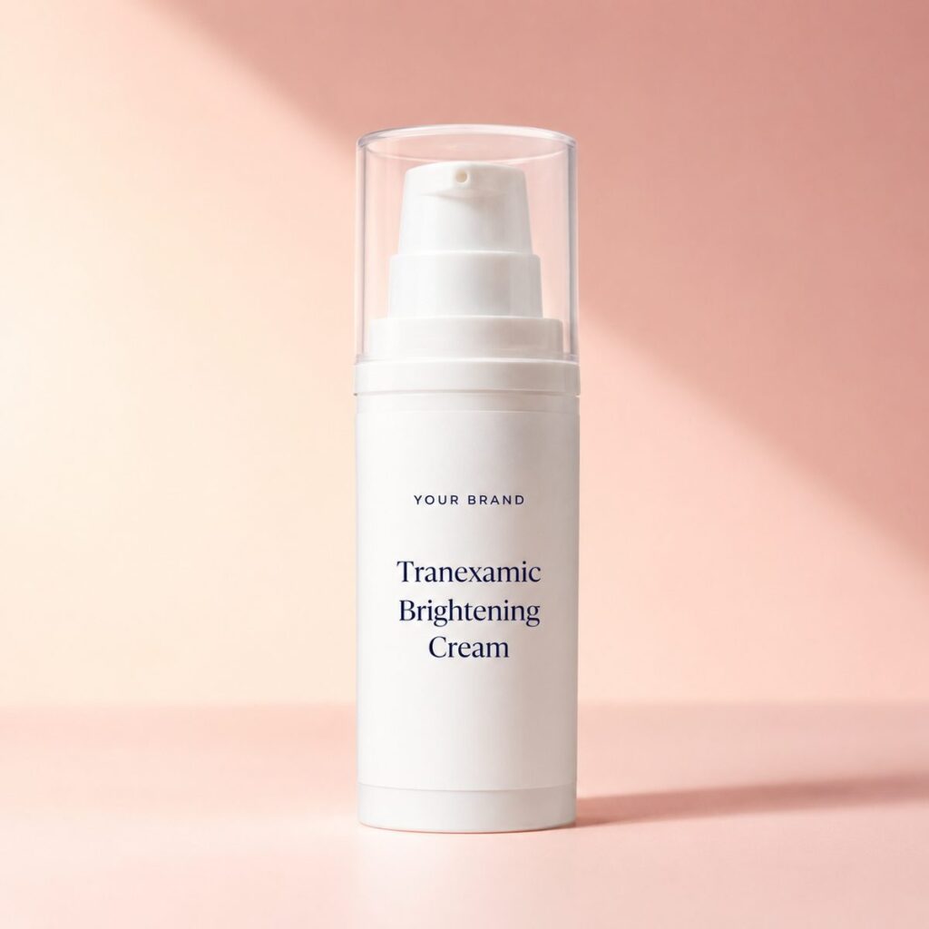 Private label tranexamic acid brightening cream product mockup, OEM Malaysia