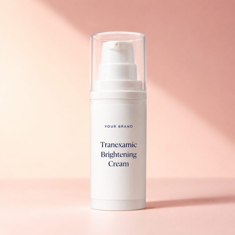 Private label tranexamic acid brightening cream product mockup, OEM Malaysia