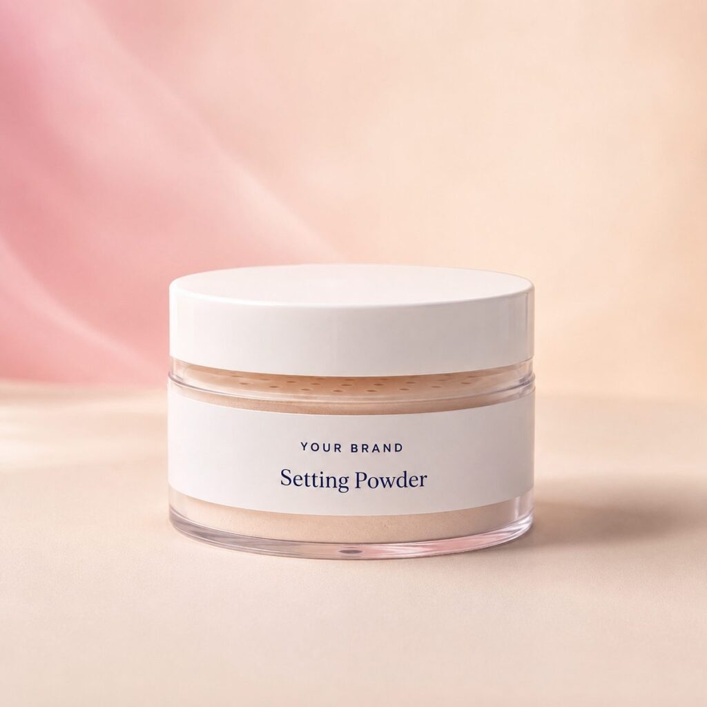 Private label translucent setting powder product mockup, OEM Malaysia