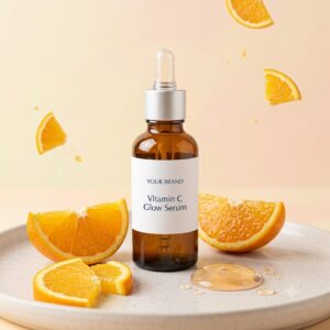 Private label vitamin C glow serum dropper bottle mockup, OEM Malaysia