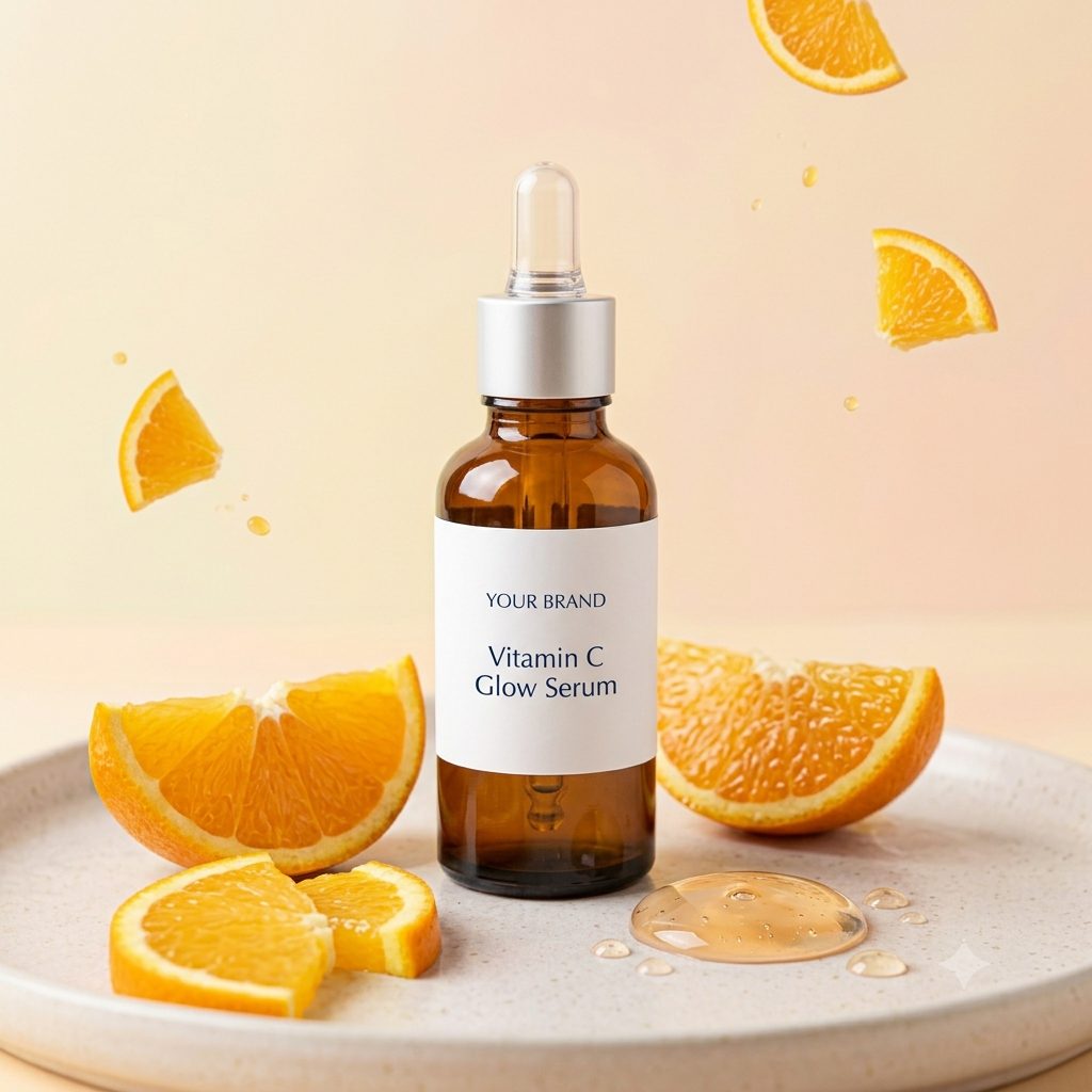 Private label vitamin C glow serum dropper bottle mockup, OEM Malaysia