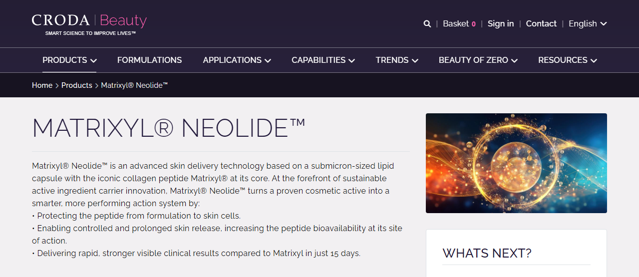 Croda Beauty official product page for Matrixyl Neolide describing the submicron lipid capsule delivery system