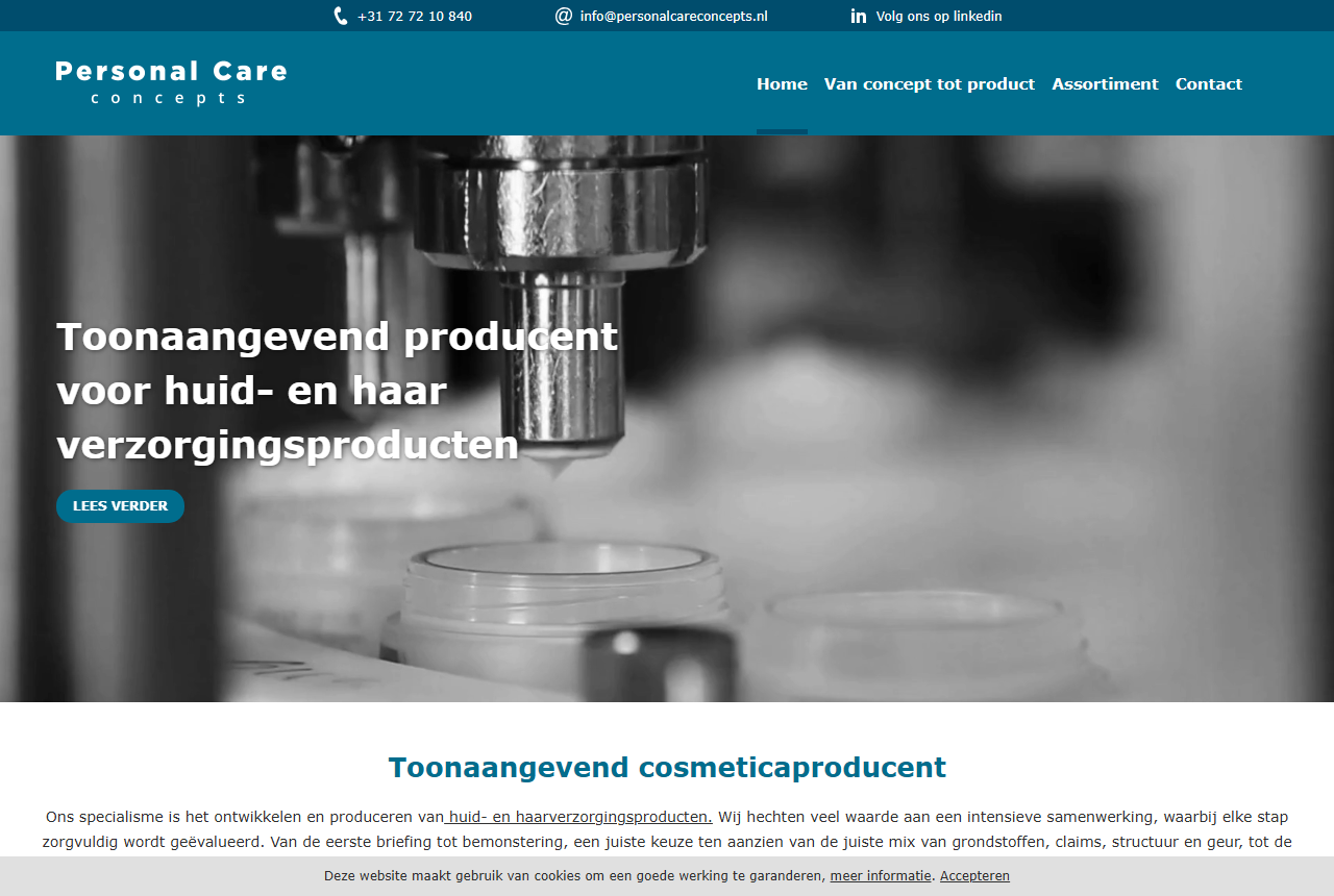 Personal Care Concepts skincare and haircare producer website, Heerhugowaard, Netherlands