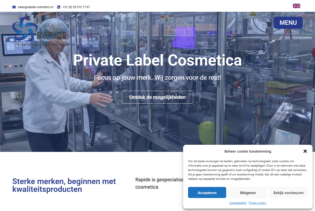 Rapide International private label cosmetics manufacturer website, Haaksbergen, Netherlands