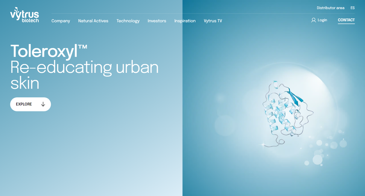 Vytrus Biotech official product page for the Toleroxyl active, headlined Re-educating urban skin