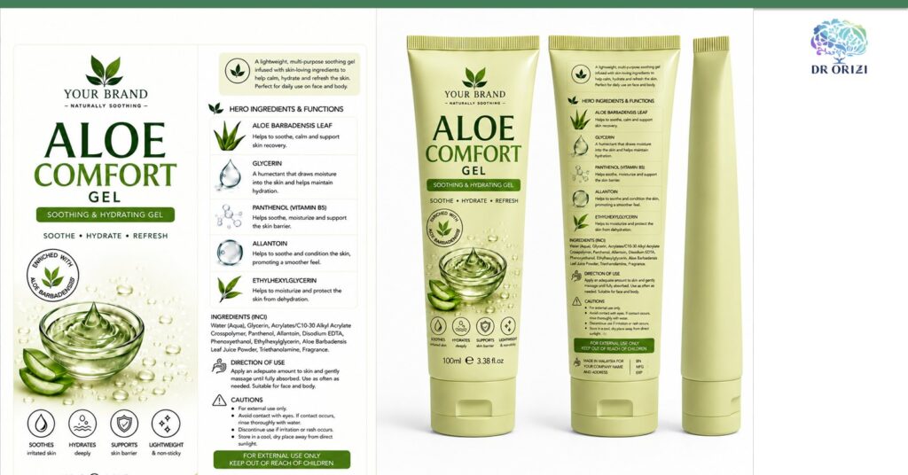 Aloe Comfort Gel 100ml - pharmacy private label packaging mock-up, ORIZI Group OEM Malaysia