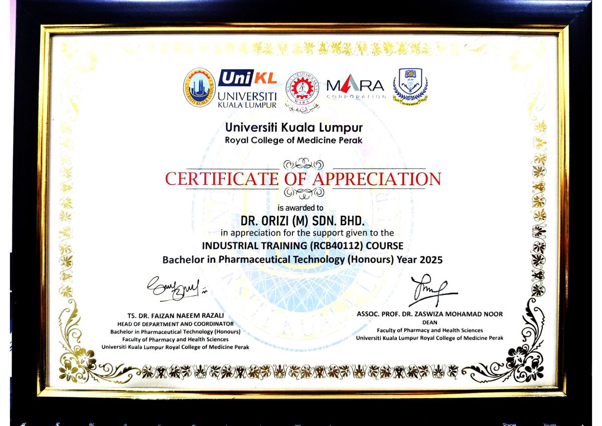 UniKL Royal College of Medicine Perak certificate of appreciation