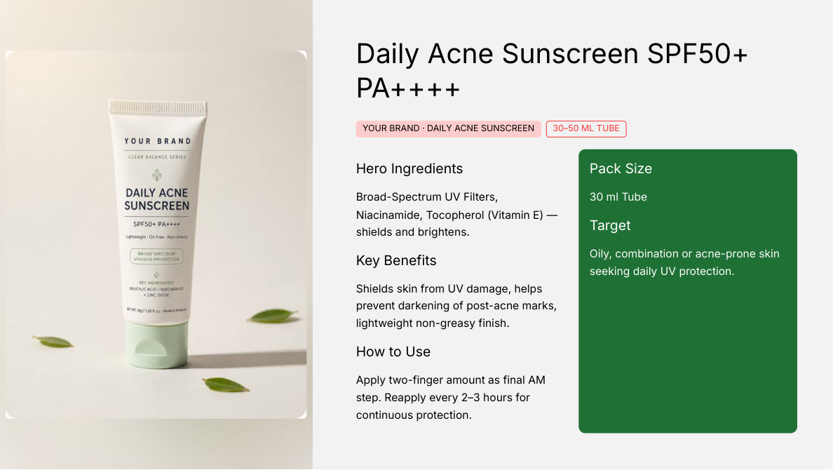 Daily Acne Sunscreen SPF50+ PA++++ 30ml - private label OEM concept for the Malaysian koperasi market, ORIZI Group