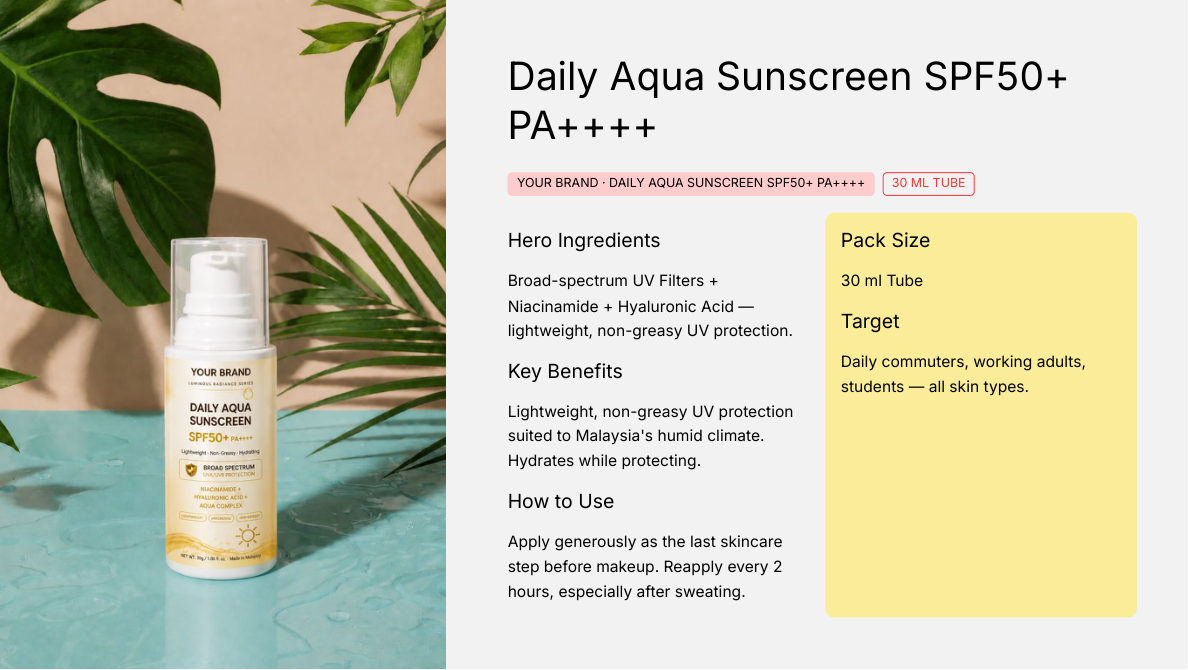 Daily Aqua Sunscreen SPF50+ PA++++ 30ml - private label OEM concept for the Malaysian koperasi market, ORIZI Group