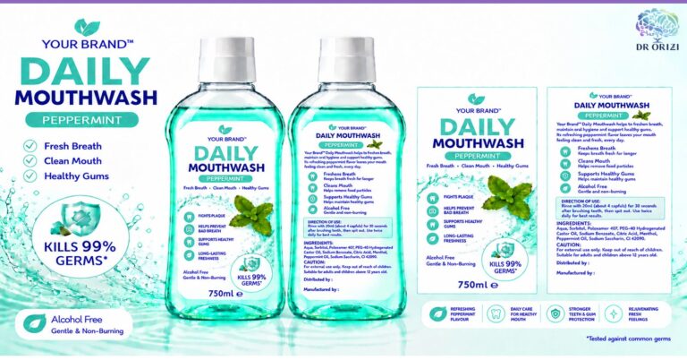 Daily Mouthwash 750ml - pharmacy private label packaging mock-up, ORIZI Group OEM Malaysia