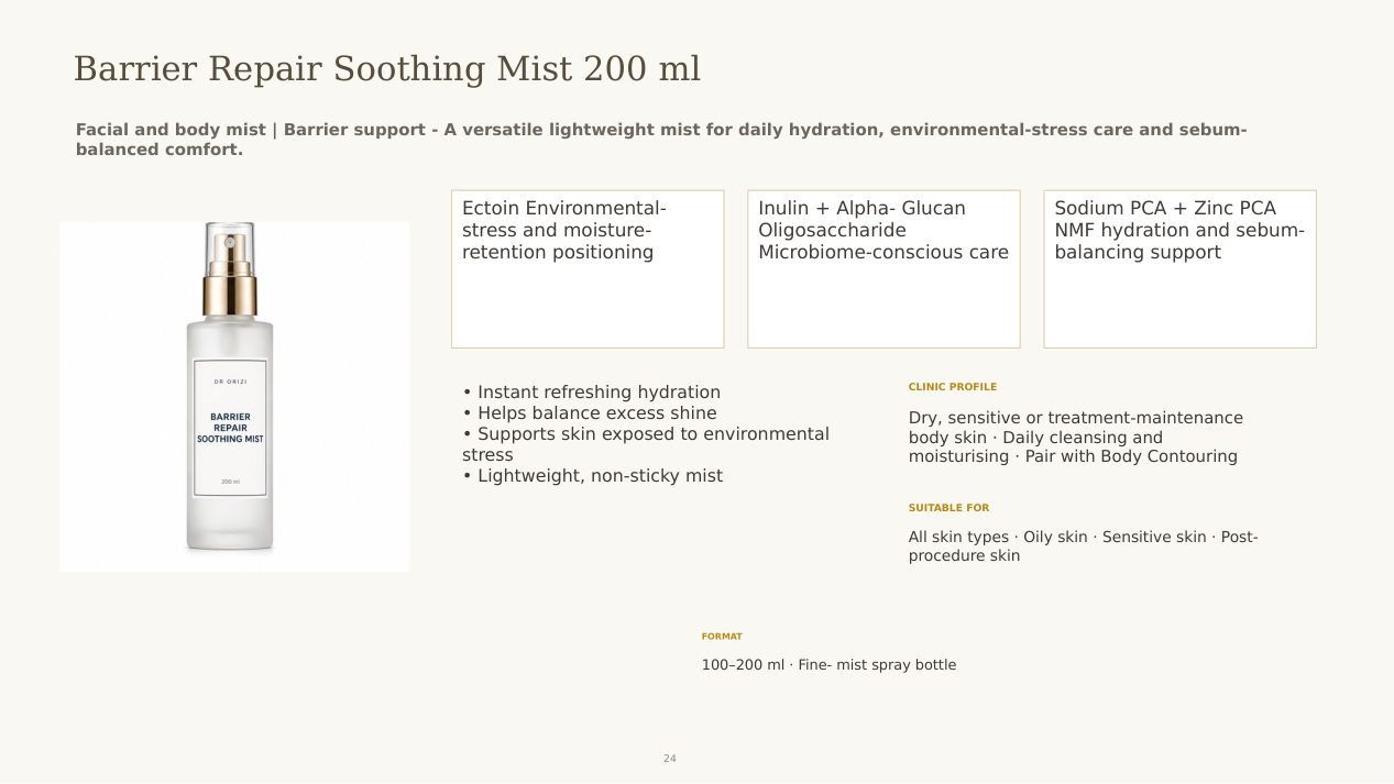 Barrier Repair Soothing Mist 200ml - dermatology and aesthetic OEM formula sheet, ORIZI Group Malaysia