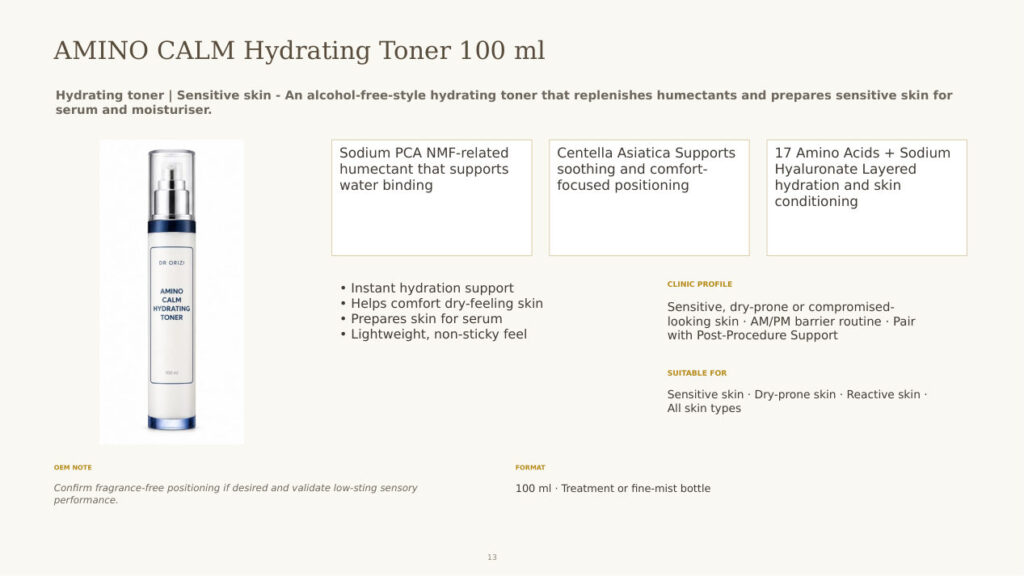 Barrier Therapy Amino Calm Hydrating Toner 100ml - dermatology and aesthetic OEM formula sheet, ORIZI Group Malaysia