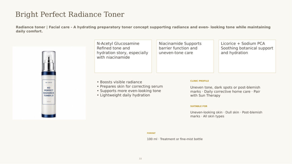 Bright Perfect Radiance Toner - dermatology and aesthetic OEM formula sheet, ORIZI Group Malaysia