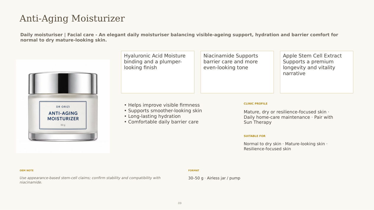 Eternal Radiance Anti-Aging Moisturizer - dermatology and aesthetic OEM formula sheet, ORIZI Group Malaysia