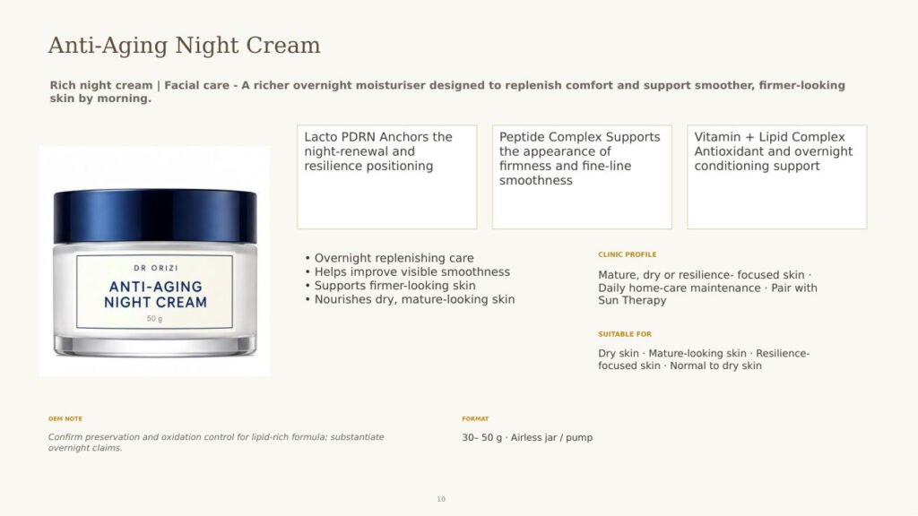 Eternal Radiance Anti-Aging Night Cream - dermatology and aesthetic OEM formula sheet, ORIZI Group Malaysia