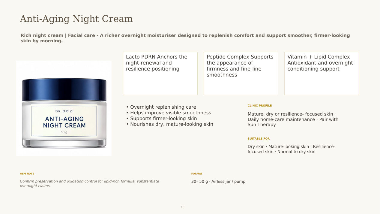 Eternal Radiance Anti-Aging Night Cream - dermatology and aesthetic OEM formula sheet, ORIZI Group Malaysia