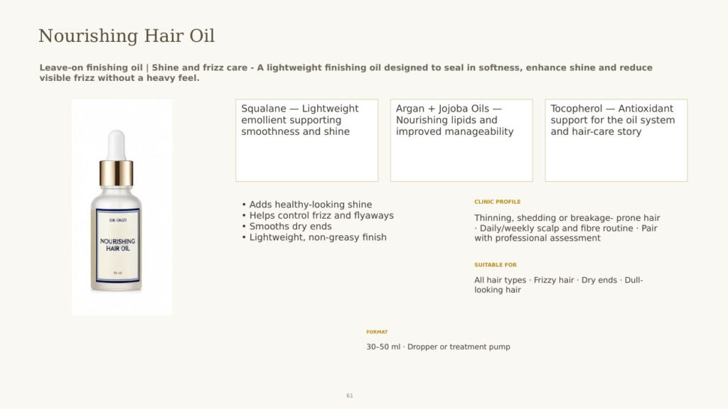 Nourishing Hair Oil (Finishing) - dermatology and aesthetic OEM formula sheet, ORIZI Group Malaysia