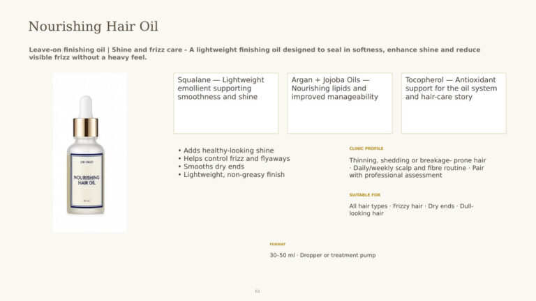 Nourishing Hair Oil (Finishing) - dermatology and aesthetic OEM formula sheet, ORIZI Group Malaysia