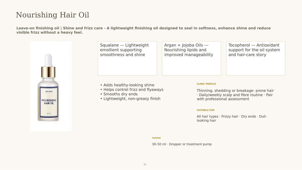 Nourishing Hair Oil (Finishing) - dermatology and aesthetic OEM formula sheet, ORIZI Group Malaysia
