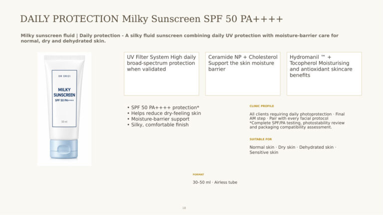 Sun Therapy Milky Sunscreen SPF 50 PA++++ - dermatology and aesthetic OEM formula sheet, ORIZI Group Malaysia