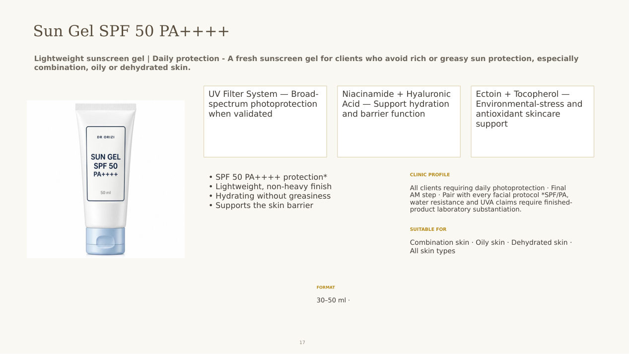 Sun Therapy Sun Gel SPF 50 PA++++ - dermatology and aesthetic OEM formula sheet, ORIZI Group Malaysia