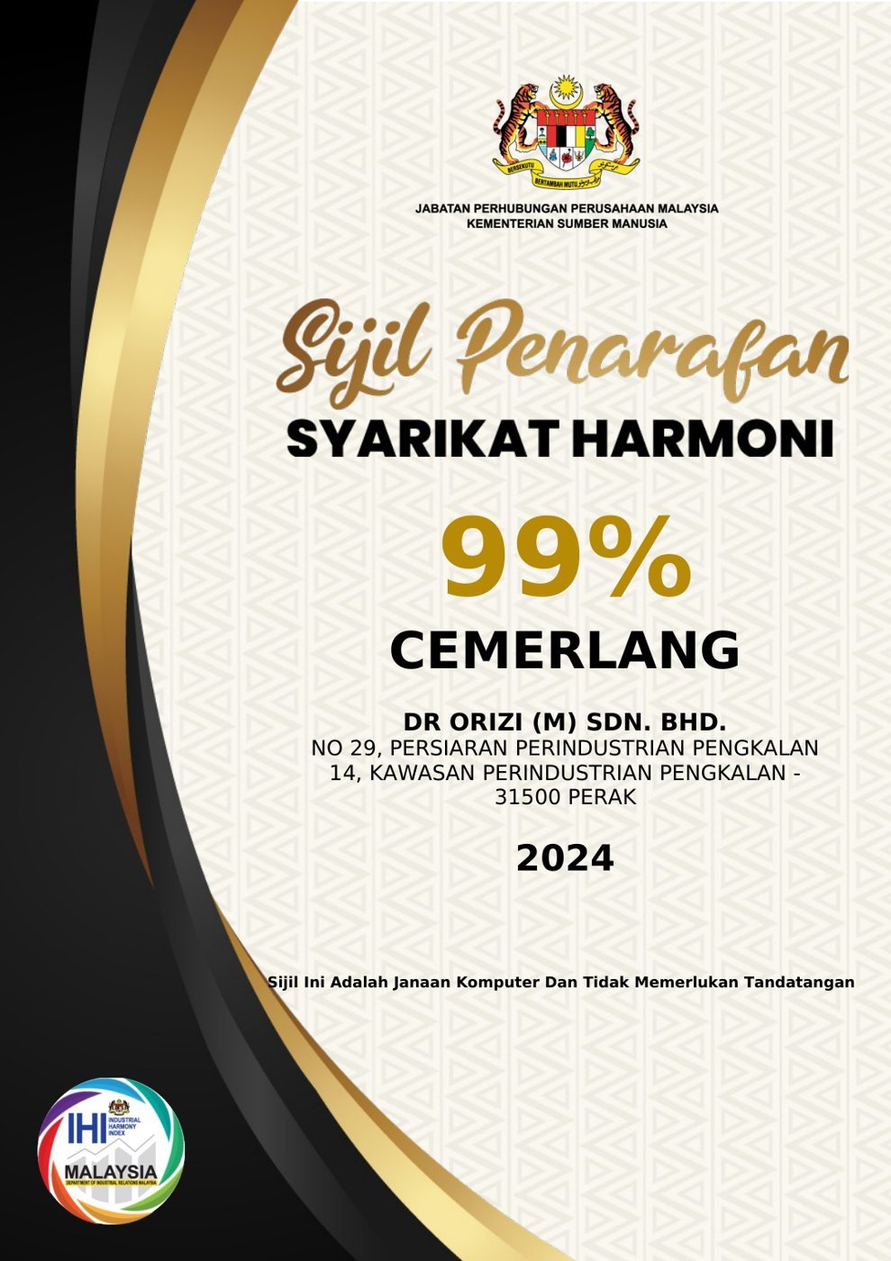 Sijil Penarafan Syarikat Harmoni 2024 certificate, 99% Cemerlang, issued to Dr Orizi (M) Sdn. Bhd. by JPPM