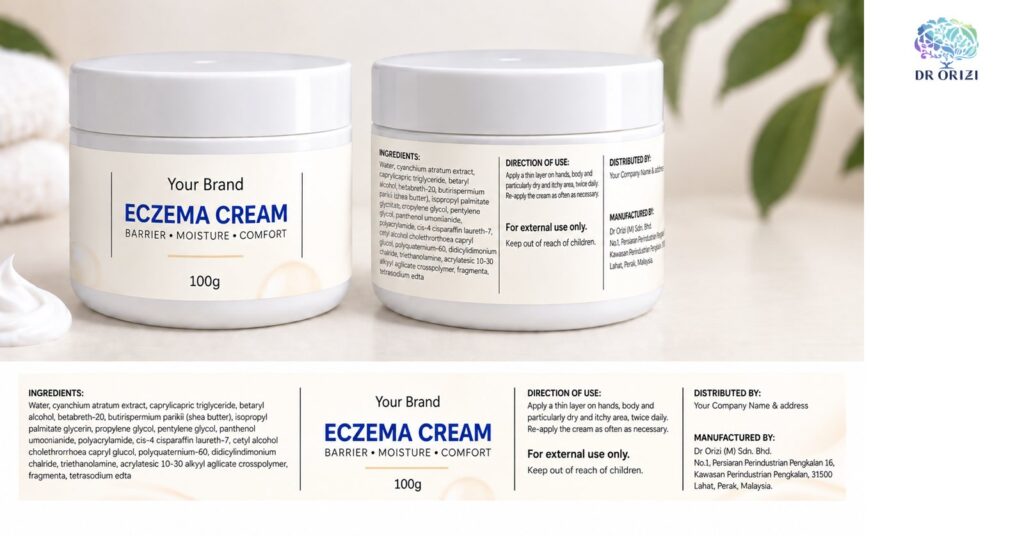 Eczema Cream 100g - pharmacy private label packaging mock-up, ORIZI Group OEM Malaysia