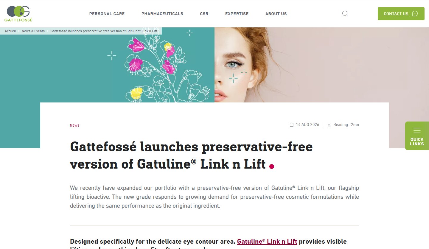 Gattefossé’s official announcement page for the preservative-free version of Gatuline Link n Lift, dated 14 August 2026