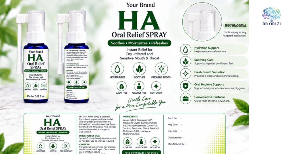 HA Oral Relief Spray 20ml - pharmacy private label packaging mock-up, ORIZI Group OEM Malaysia