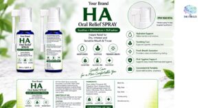 HA Oral Relief Spray 20ml - pharmacy private label packaging mock-up, ORIZI Group OEM Malaysia