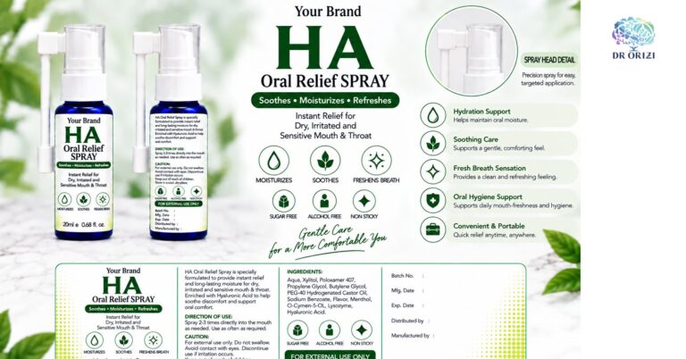 HA Oral Relief Spray 20ml - pharmacy private label packaging mock-up, ORIZI Group OEM Malaysia