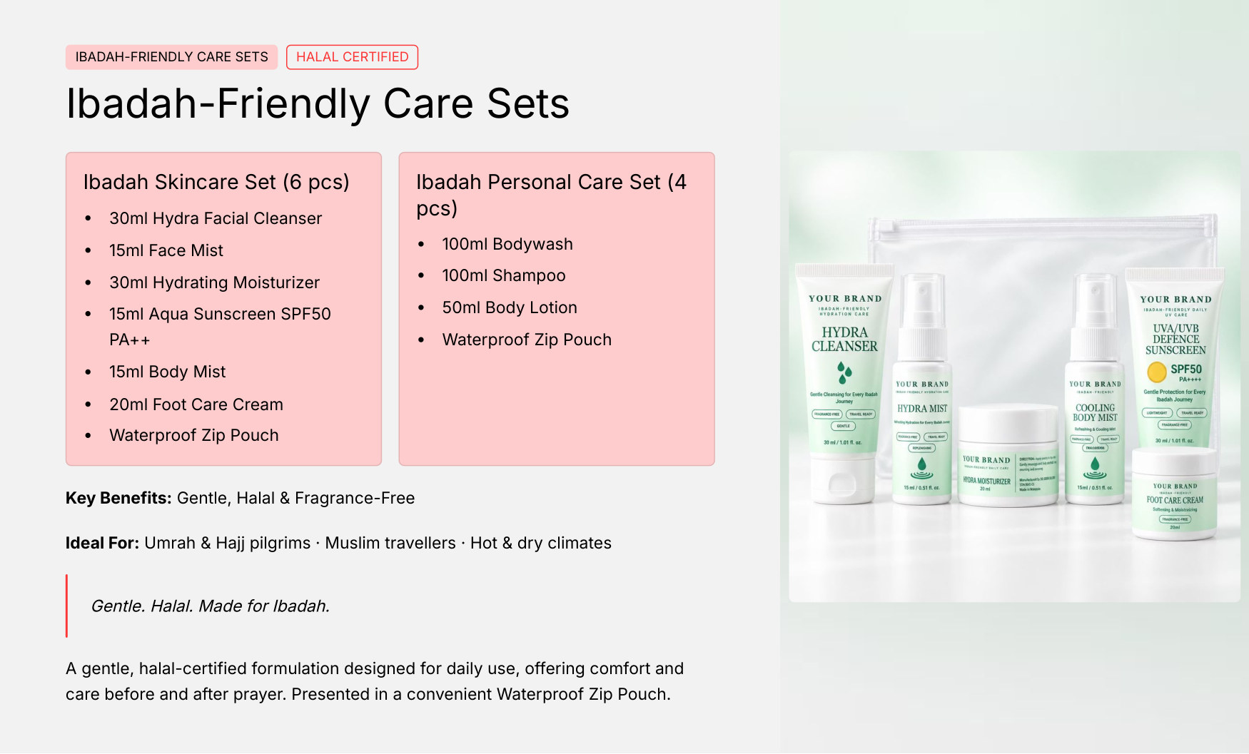 Halal-certified ibadah-friendly skincare set concept manufactured by ORIZI Group in Malaysia