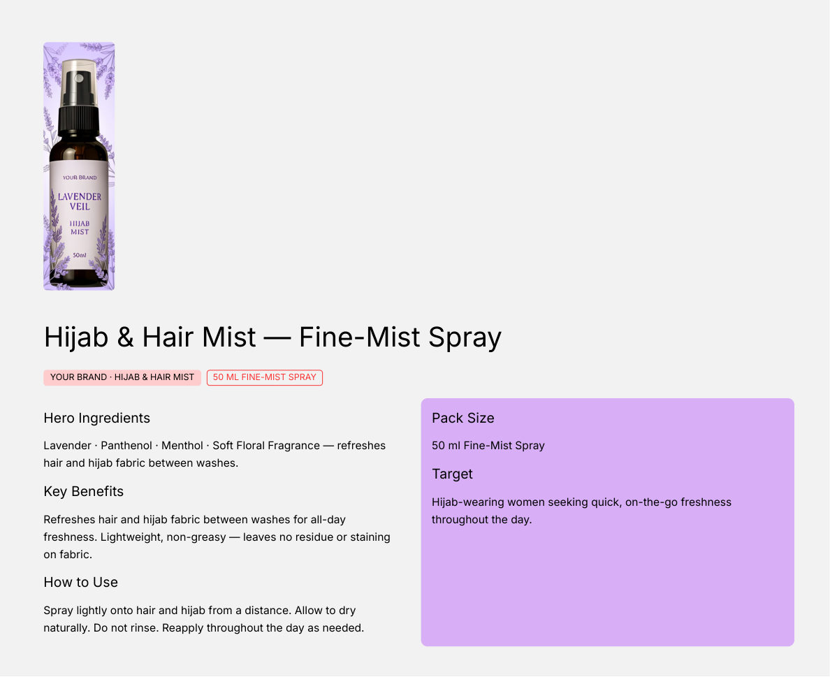 Hijab & Hair Mist 50ml - private label OEM concept for the Malaysian koperasi market, ORIZI Group