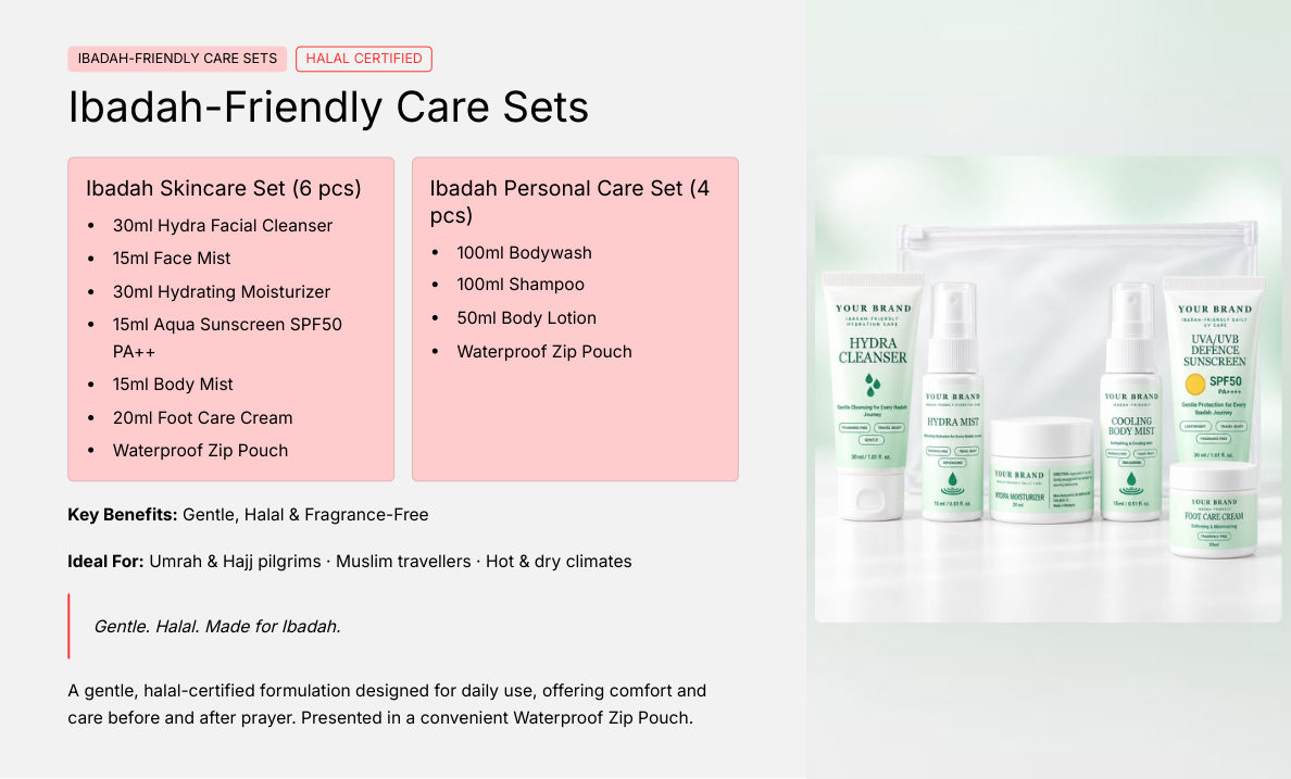 Ibadah Personal Care Set (4 pcs) - private label OEM concept for the Malaysian koperasi market, ORIZI Group
