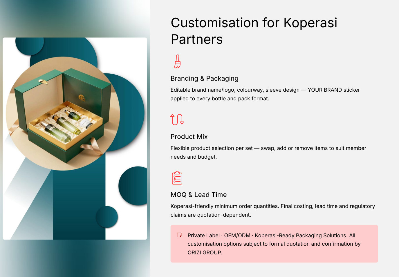 Customisation options for koperasi private-label partners: branding, product mix, MOQ - ORIZI Group