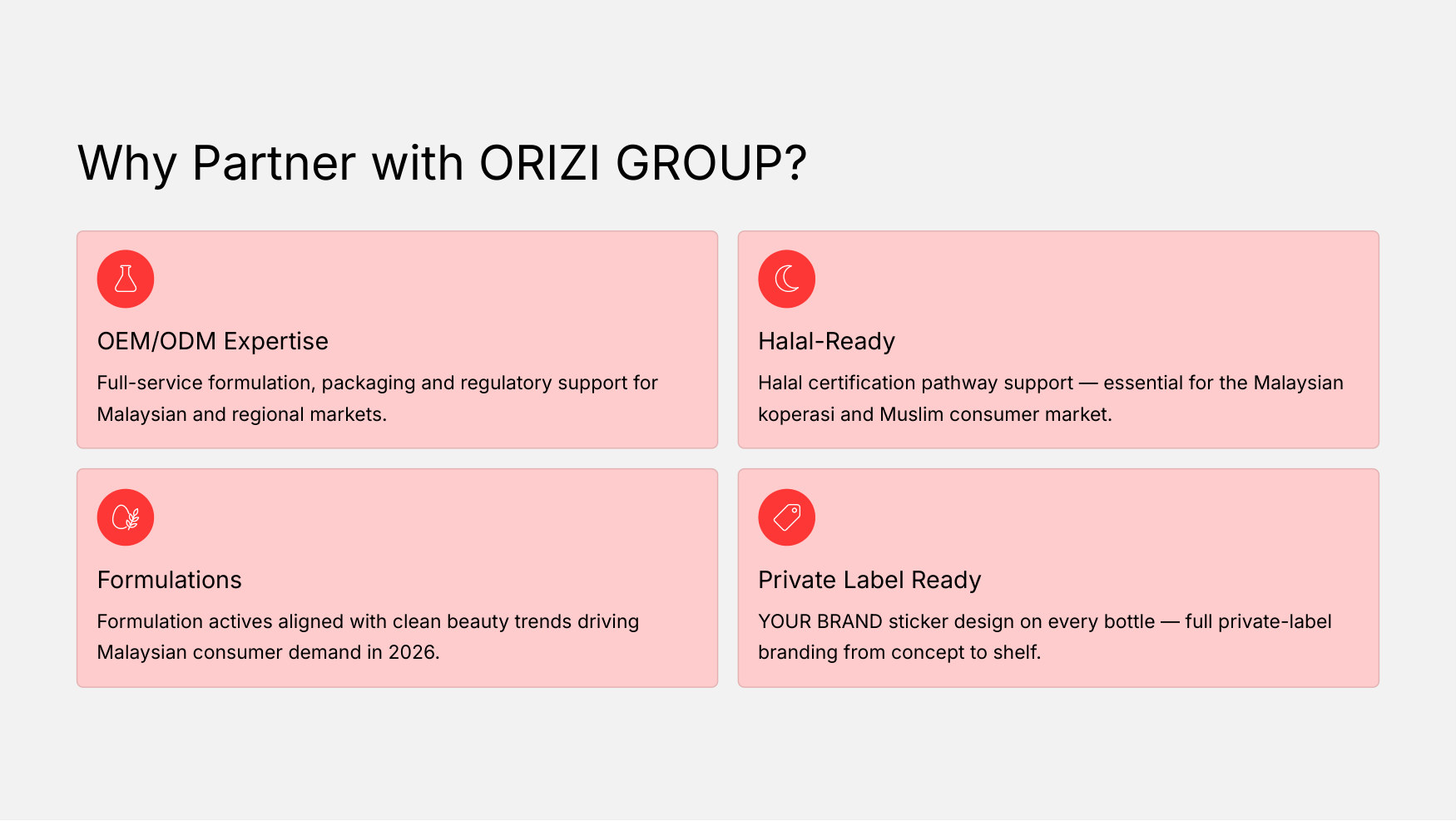 ORIZI Group OEM capability overview: formulation, packaging and halal-ready regulatory support