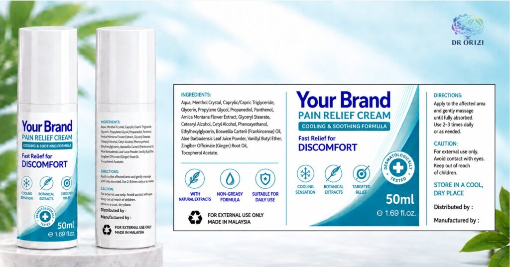 Pain Relief Cream 50ml - pharmacy private label packaging mock-up, ORIZI Group OEM Malaysia