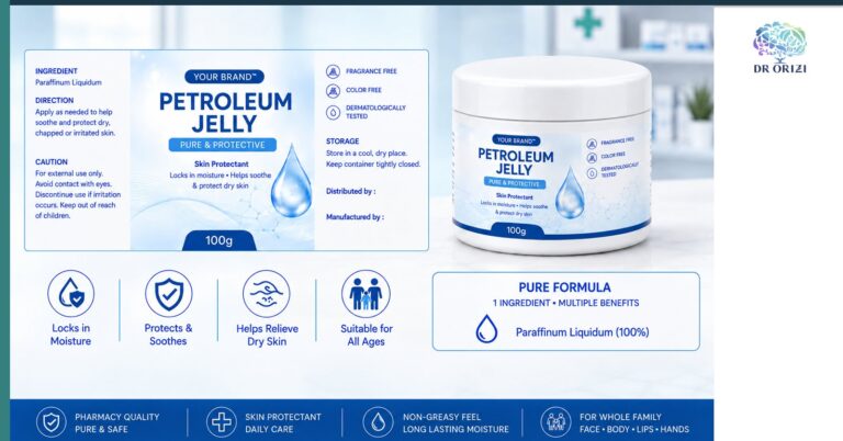 Petroleum Jelly 100g - pharmacy private label packaging mock-up, ORIZI Group OEM Malaysia