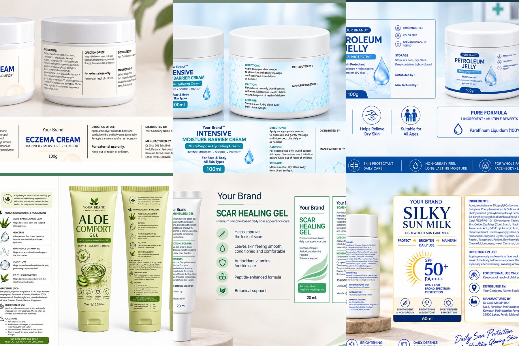 Pharmacy private label products 2026: eczema cream, scar gel, petroleum jelly, sun milk, pain relief cream - ORIZI Group Malaysia