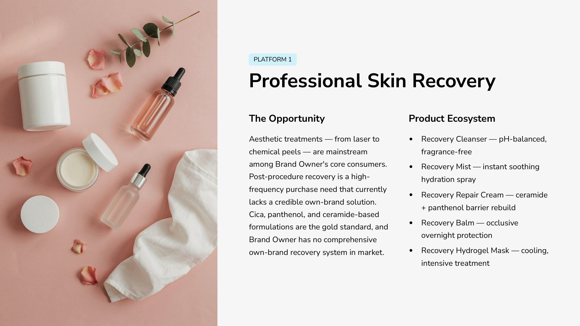 Post-procedure skin recovery product system: cleanser, mist, repair cream, balm and hydrogel mask