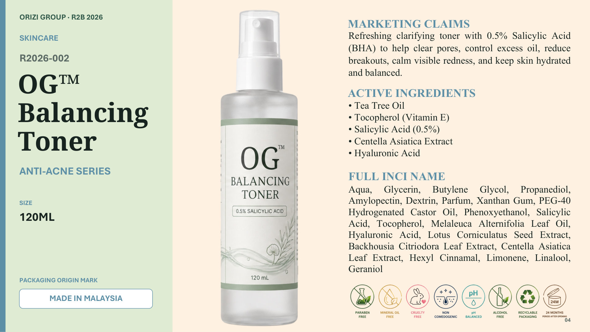 Balancing Toner 120ml - R2B ready-to-brand product sheet, ORIZI Group Malaysia
