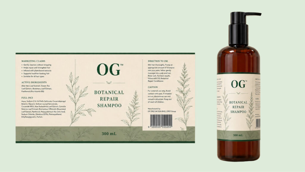 Botanical Repair Shampoo 300ml - ready-to-brand packaging and label layout, OEM private label Malaysia