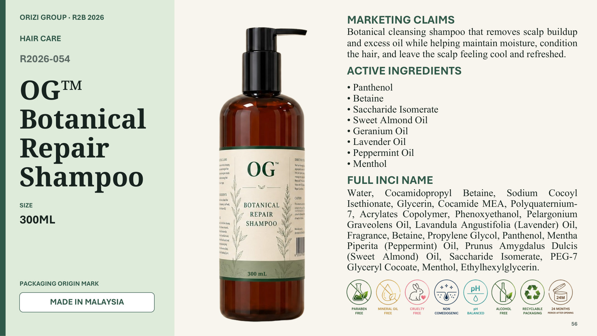 Botanical Repair Shampoo 300ml - R2B ready-to-brand product sheet, ORIZI Group Malaysia