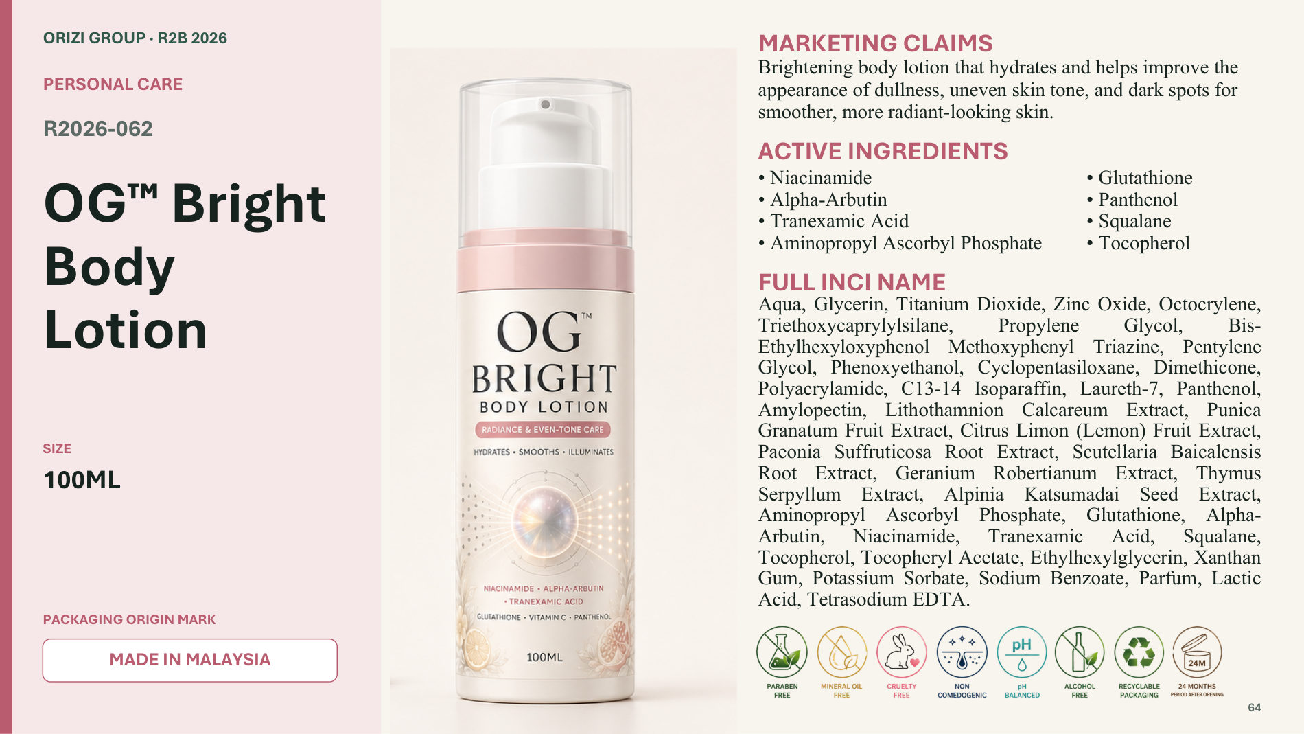Bright Body Lotion 100ml - R2B ready-to-brand product sheet, ORIZI Group Malaysia